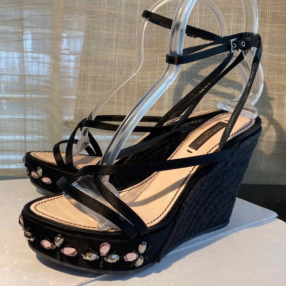 LOUIS VUITTON BLACK ESPADRILLE WEDGE SATIN STRAP CLEAR FAUX STONES PLATFORM 37-7 - Picture 5 of 14